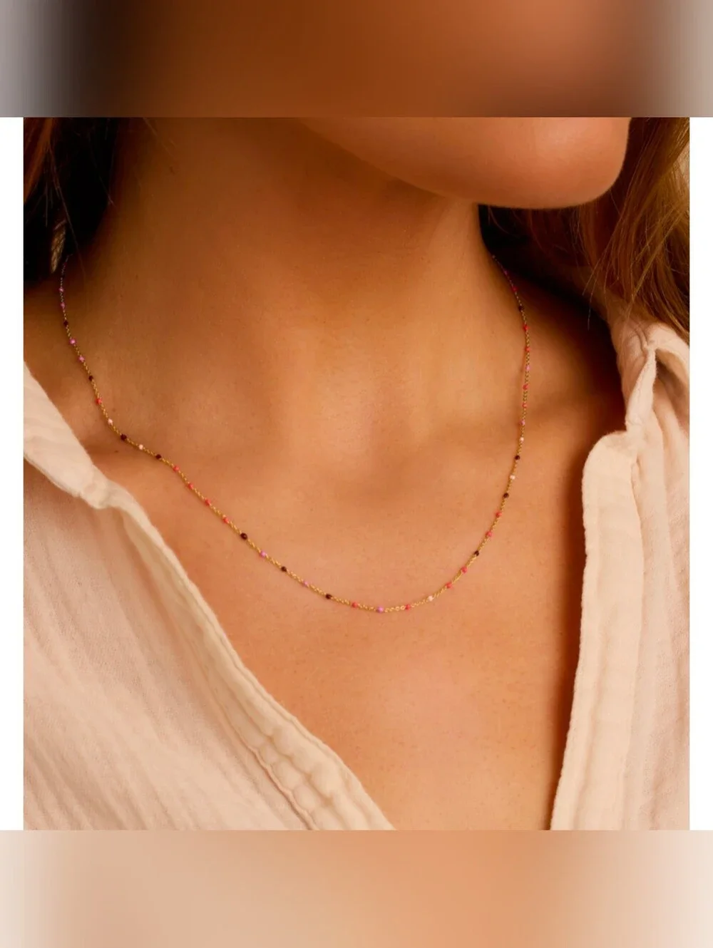 Delicate Pink Beaded Gold Necklace